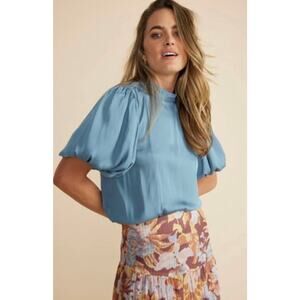 Mink Pink Womens M Blue Ines Puff Short Sleeve Silky Pullover Workwear Blouse